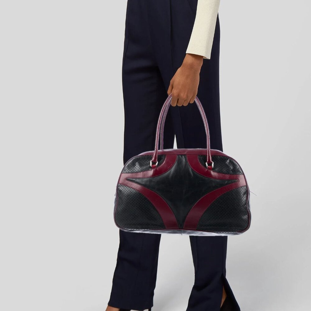VTG Prada SS2000 RTW Bowler Black Merlor Burgundy Vitello Drive Bowling Bag Tote - Picture 13 of 13